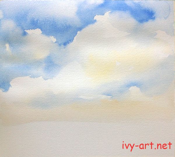 Bước 3 vẽ mây bằng màu nước